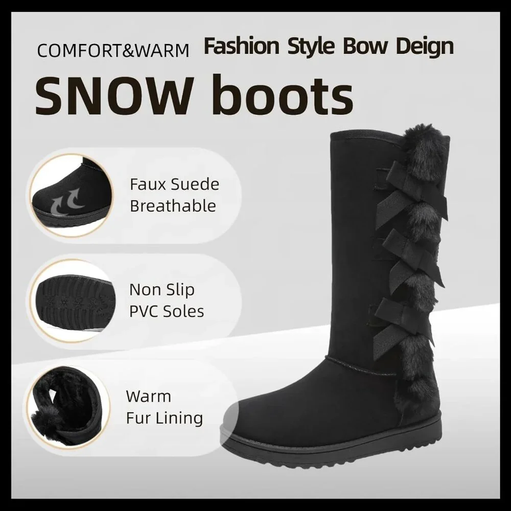 Women's Warm Mid Calf Boots Fuzzy Ladies Booties Classic Bow Tie Black - Picture 4 of 6